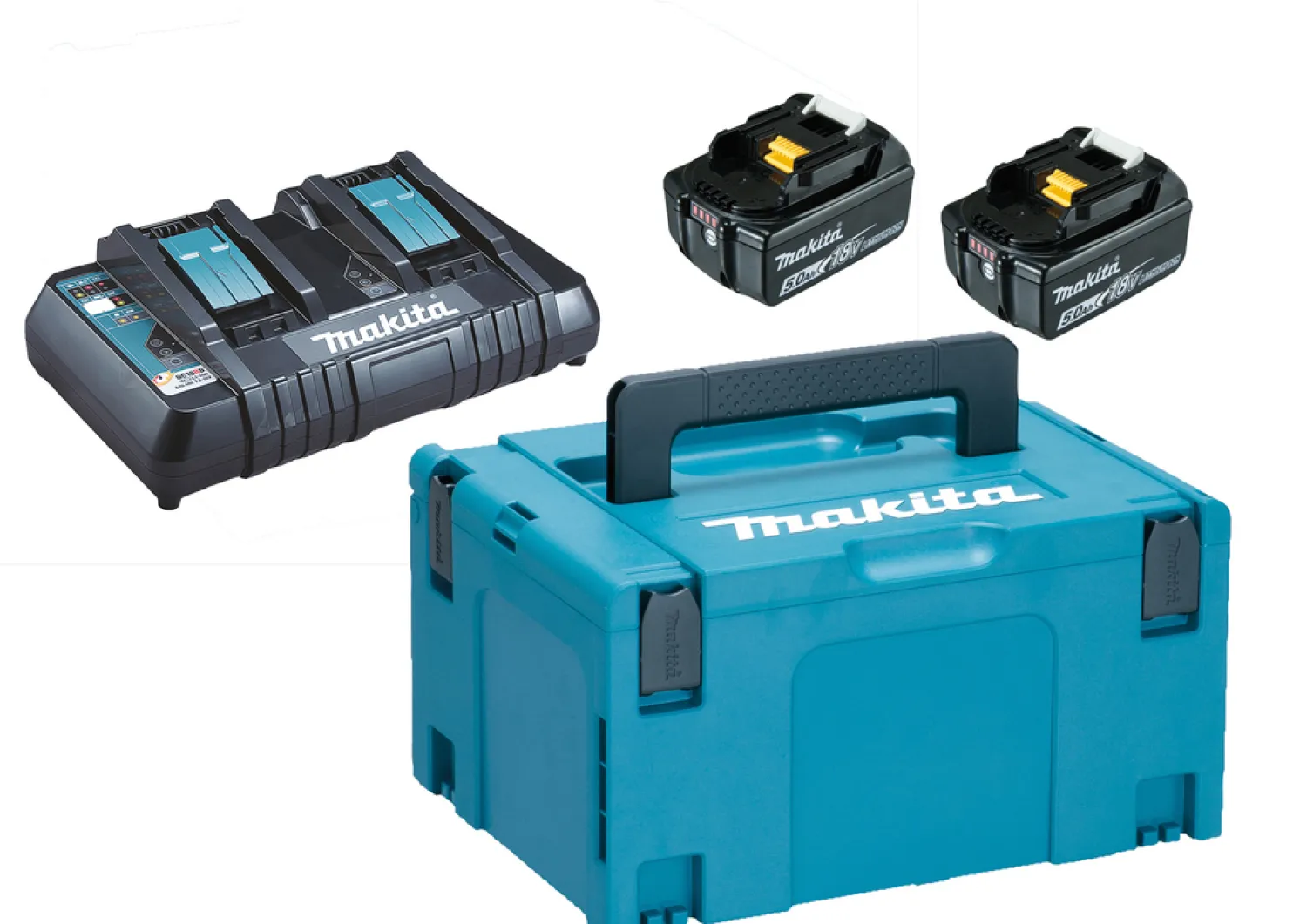 Akkupaketti Makita LXT 18V PowerPack 2x5,0 Ah ja DC18RD + Makpac