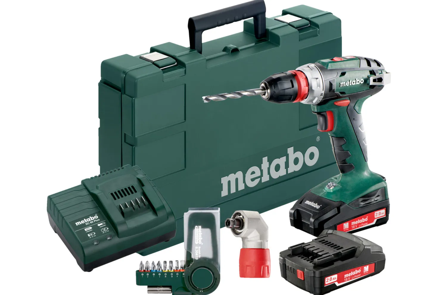 Akkuporakone Metabo BS 18 Quick 2x2.0Ah akulla laturilla kulma- ja kärkisatsilla