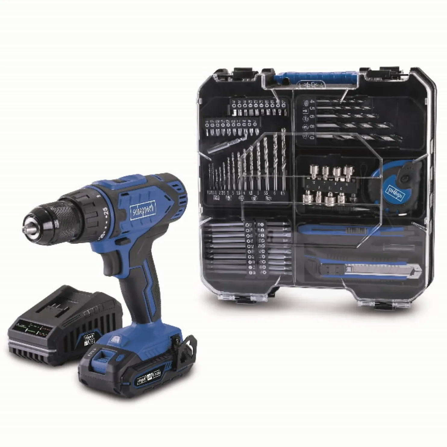 Akkuporakone Scheppach C-DTB74/1-X 20V akulla + 74-os. tarvikesetti