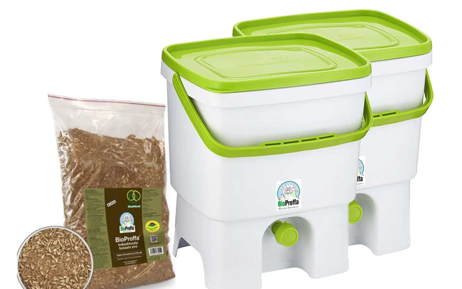 Bokashi keittiökompostori BioProffa Organko tuplapakkaus 16 l valkoinen/vihreä