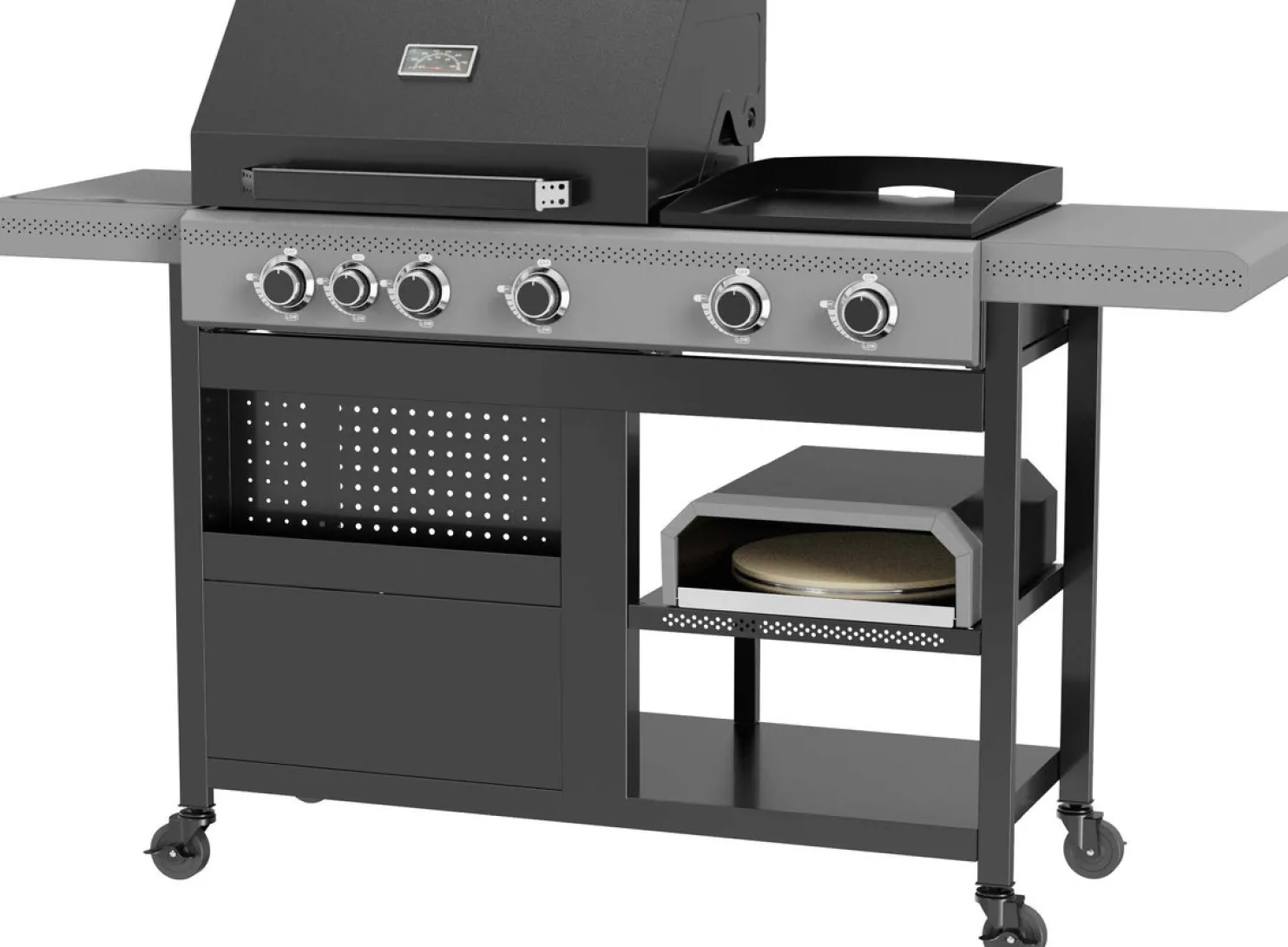 Kaasugrilli Easy Cooking 3in1, 5 poltinta, sivukeitin, plancha, pizzauuni, musta