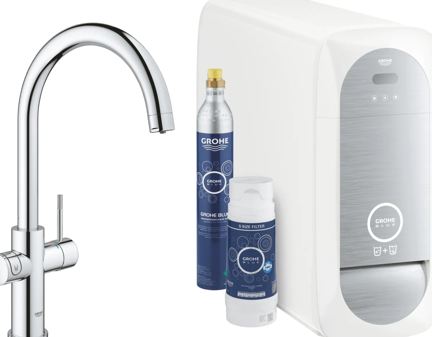 Keittiöhana hiilihapotuslaitteella Grohe Blue Home C aloituspakkaus