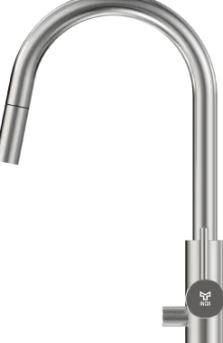 Keittiöhana INOX by Tammiholma Q1, ulosvedettävä juoksuputki ja APK-venttiili, harjattu teräs
