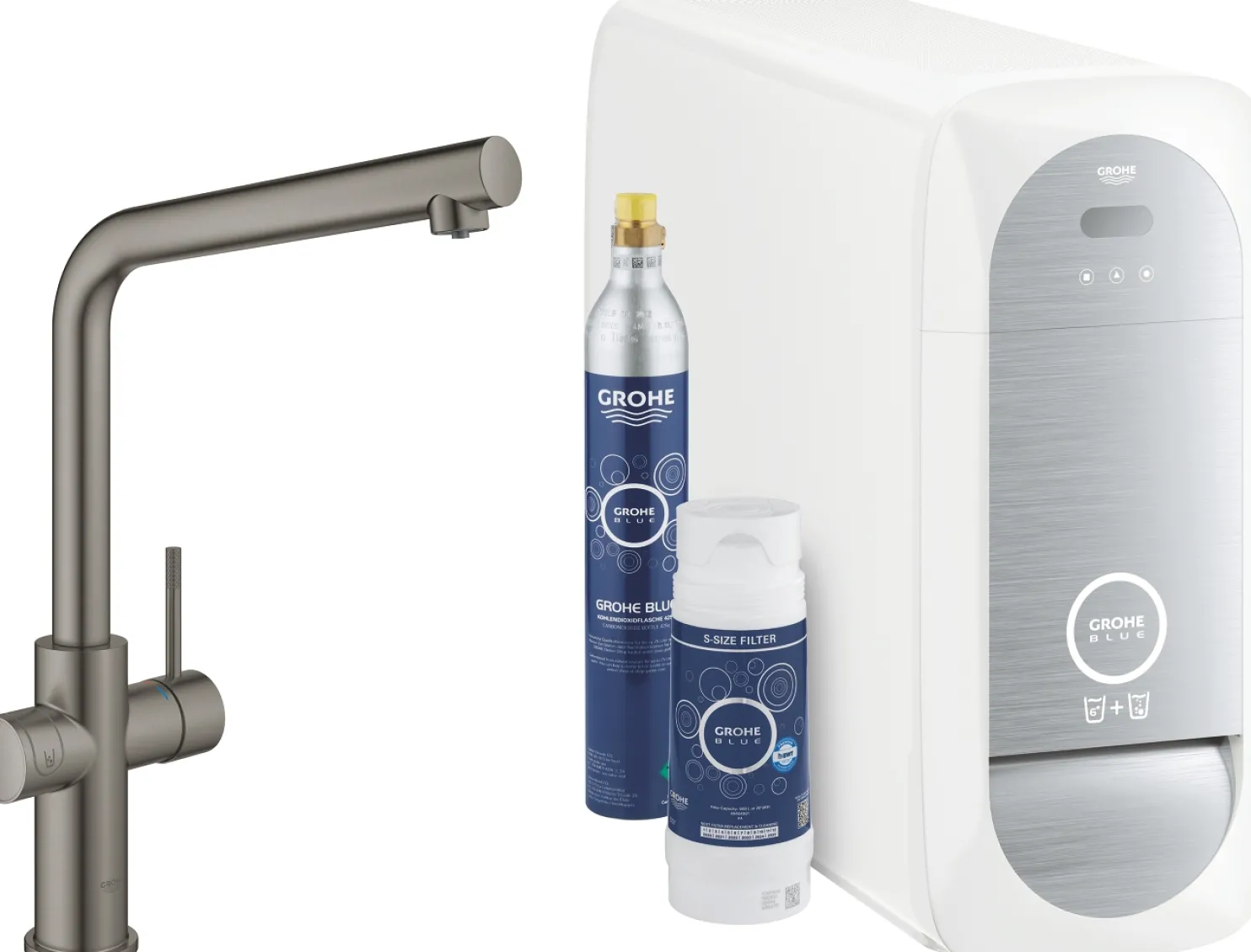 Keittiöhanapaketti Grohe Blue Home L hiilihapotuslaitteella brushed hard graphite