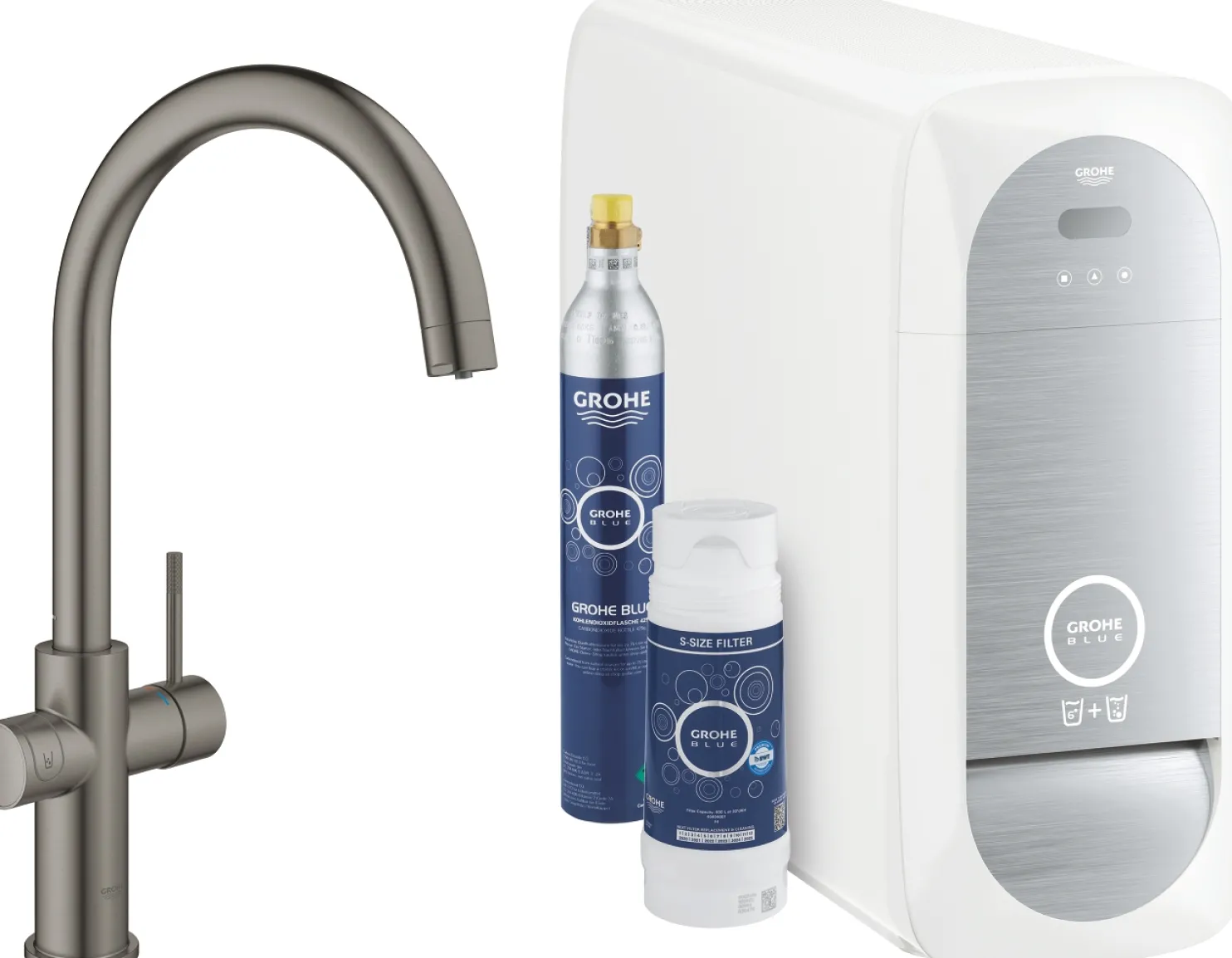 Keittiöhanapaketti Grohe Blue Home C hiilihapotuslaitteella brushed hard graphite