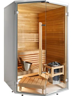 Kylpyhuonesauna Harvia Sirius Formula 1140x1140mm eri materiaaleja lämpökäsitelty panelointi kulmamalli
