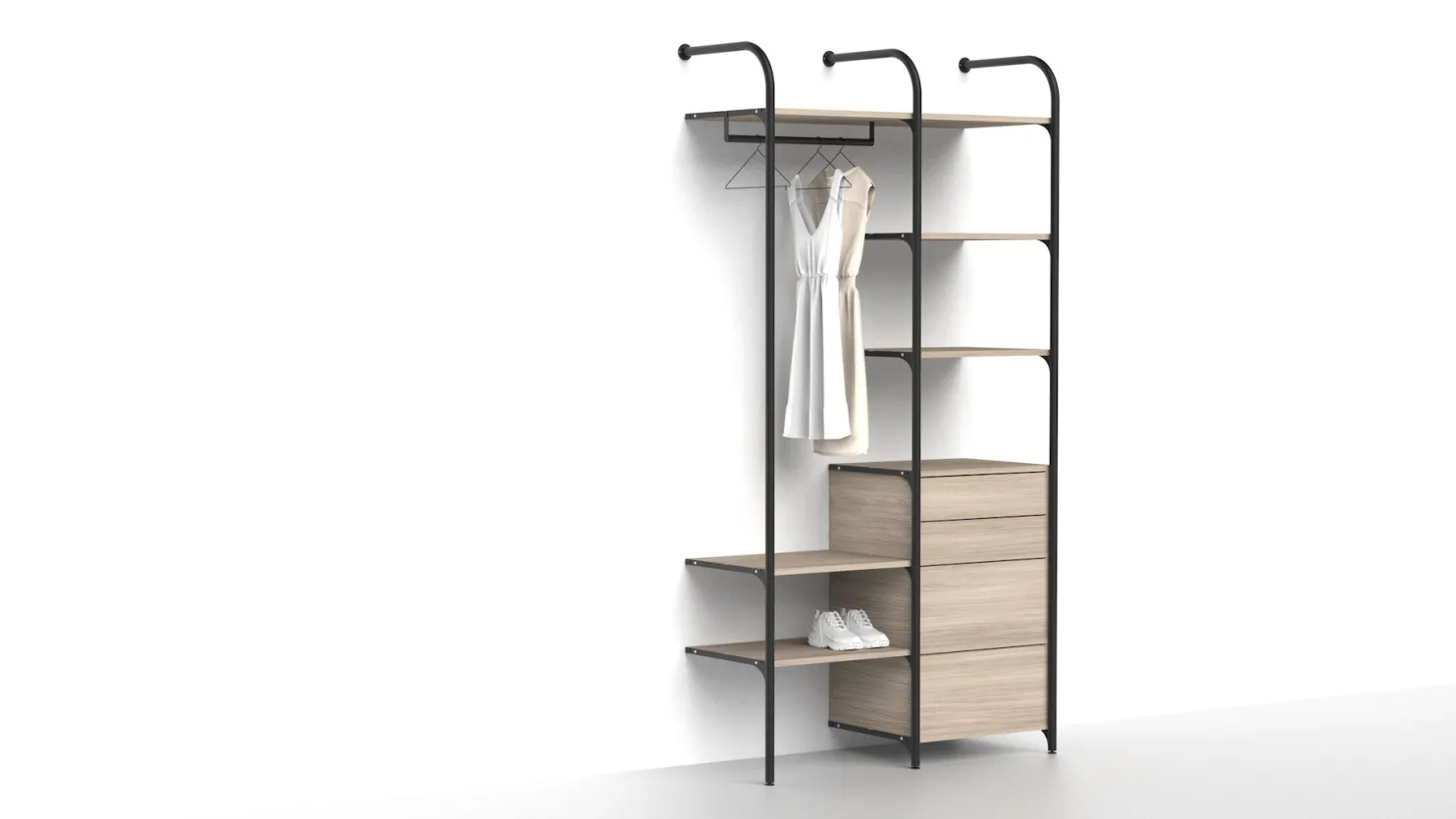 Makuuhuoneen säilytysjärjestelmä Mirror Line Nivo, laatikoilla, tangolla ja hyllyillä, leveys 120cm, mittatilaus