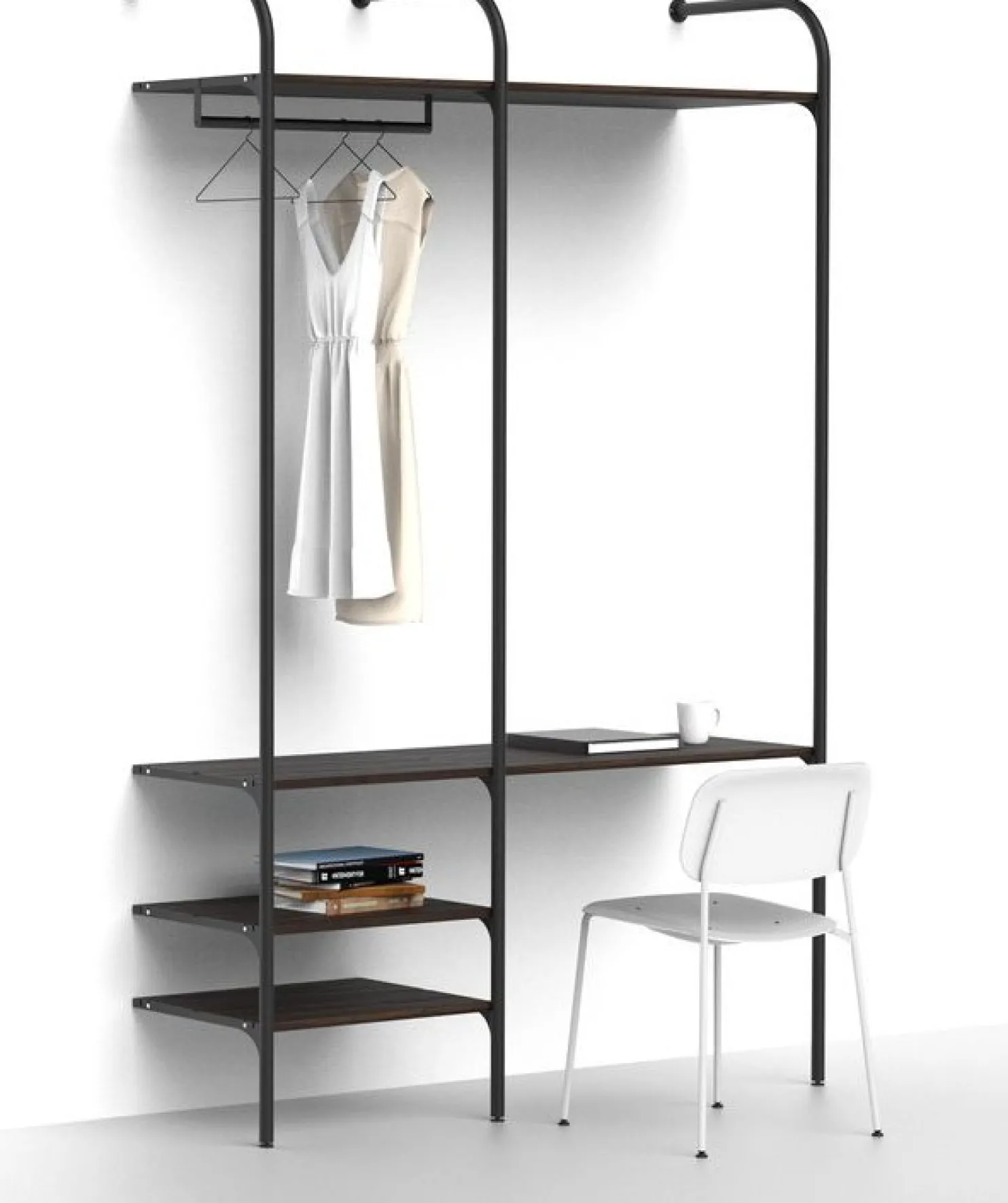 Olohuoneen säilytysjärjestelmä Mirror Line Nivo, työpisteellä, hyllyillä ja tangolla, leveys 150cm, mittatilaus