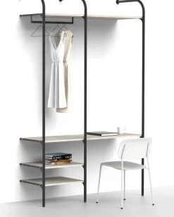 Olohuoneen säilytysjärjestelmä Mirror Line Nivo, työpisteellä, hyllyillä ja tangolla, leveys 150cm, mittatilaus