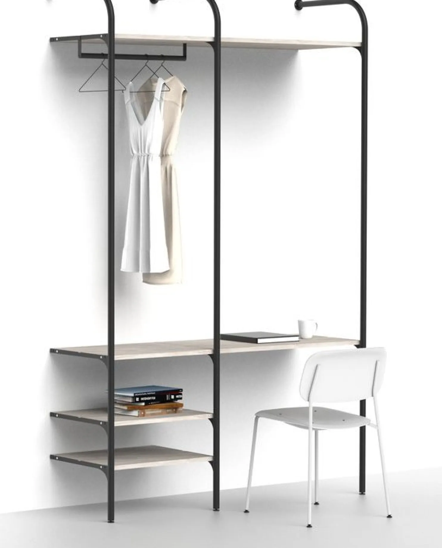 Olohuoneen säilytysjärjestelmä Mirror Line Nivo, työpisteellä, hyllyillä ja tangolla, leveys 150cm, mittatilaus