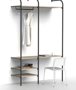 Olohuoneen säilytysjärjestelmä Mirror Line Nivo, työpisteellä, hyllyillä ja tangolla, leveys 150cm, mittatilaus