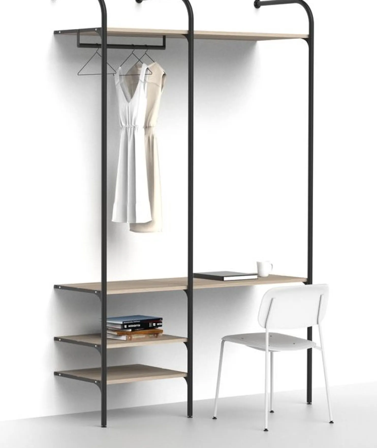 Olohuoneen säilytysjärjestelmä Mirror Line Nivo, työpisteellä, hyllyillä ja tangolla, leveys 150cm, mittatilaus