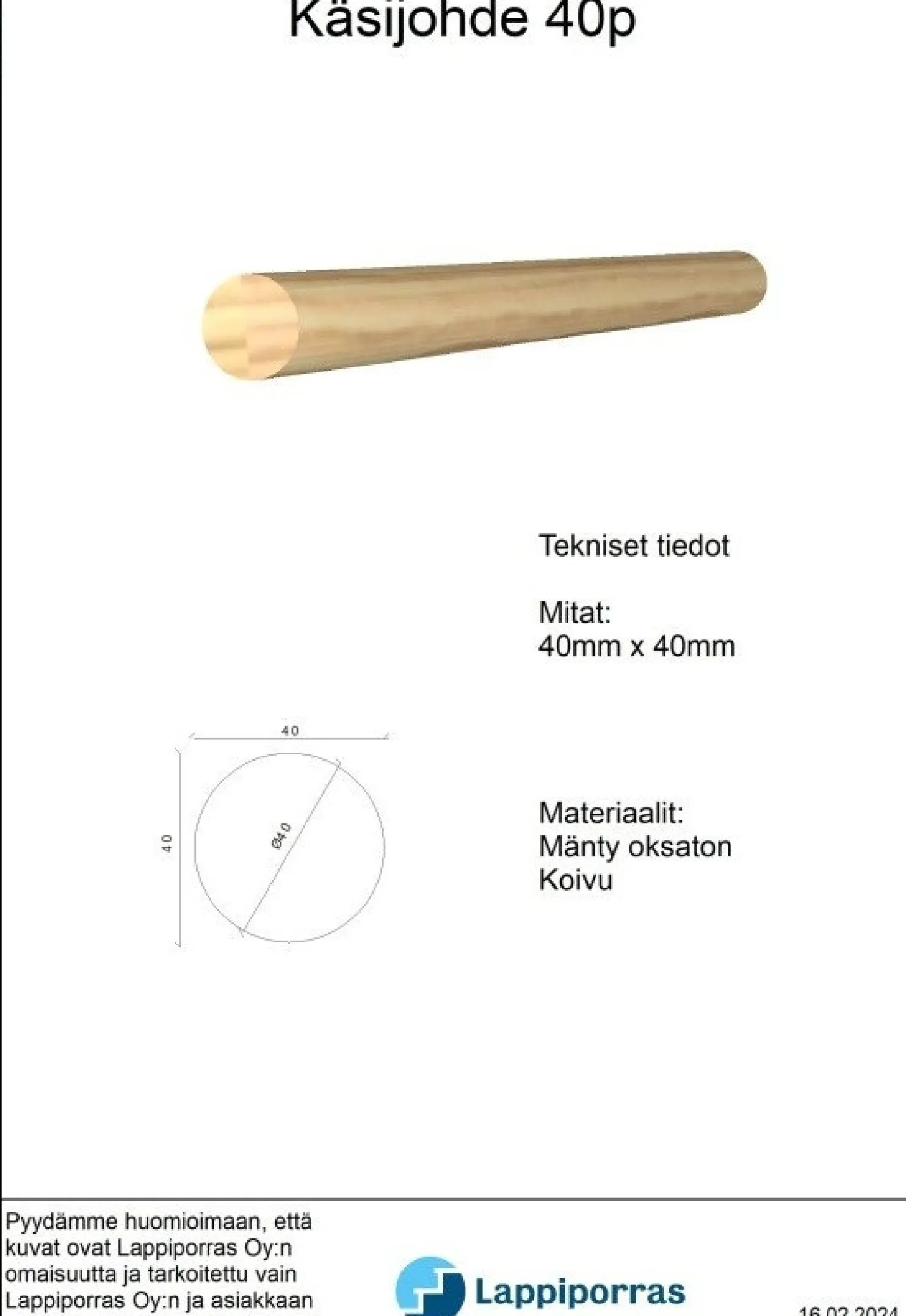 Pyöreä käsijohde, koivu, maalattu valkoinen, mittatilaus (pituus 1000–3000 mm)