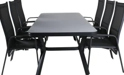 Ruokailuryhmä ulos Venture Home, musta/harmaa Virya-pöytä 200x100cm + 6 mustaa Copacabana-tuolia