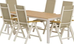 Ruokailuryhmä ulos Venture Home, beige Break-pöytä 205x90cm + 6 beigeä Panama-tuolia