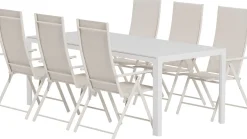 Ruokailuryhmä ulos Venture Home, valkoinen Break-pöytä 205x90cm + 6 beigeä Levanzo-tuolia