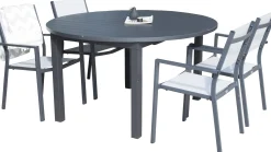 Ruokailuryhmä ulos Venture Home, musta Marbella-pöytä Ø140cm + 4 harmaata Copacabana-tuolia