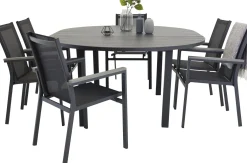Ruokailuryhmä ulos Venture Home, musta Marbella-pöytä Ø140cm + 6 mustaa Parma-tuolia
