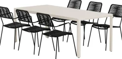 Ruokailuryhmä ulos Venture Home, beige Giardini-pöytä 200x90cm + 6 mustaa Lindos-tuolia