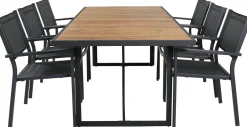 Ruokailuryhmä ulos Venture Home, 200x100cm ruskea Khung-pöytä + 6 mustaa Copacabana-tuolia