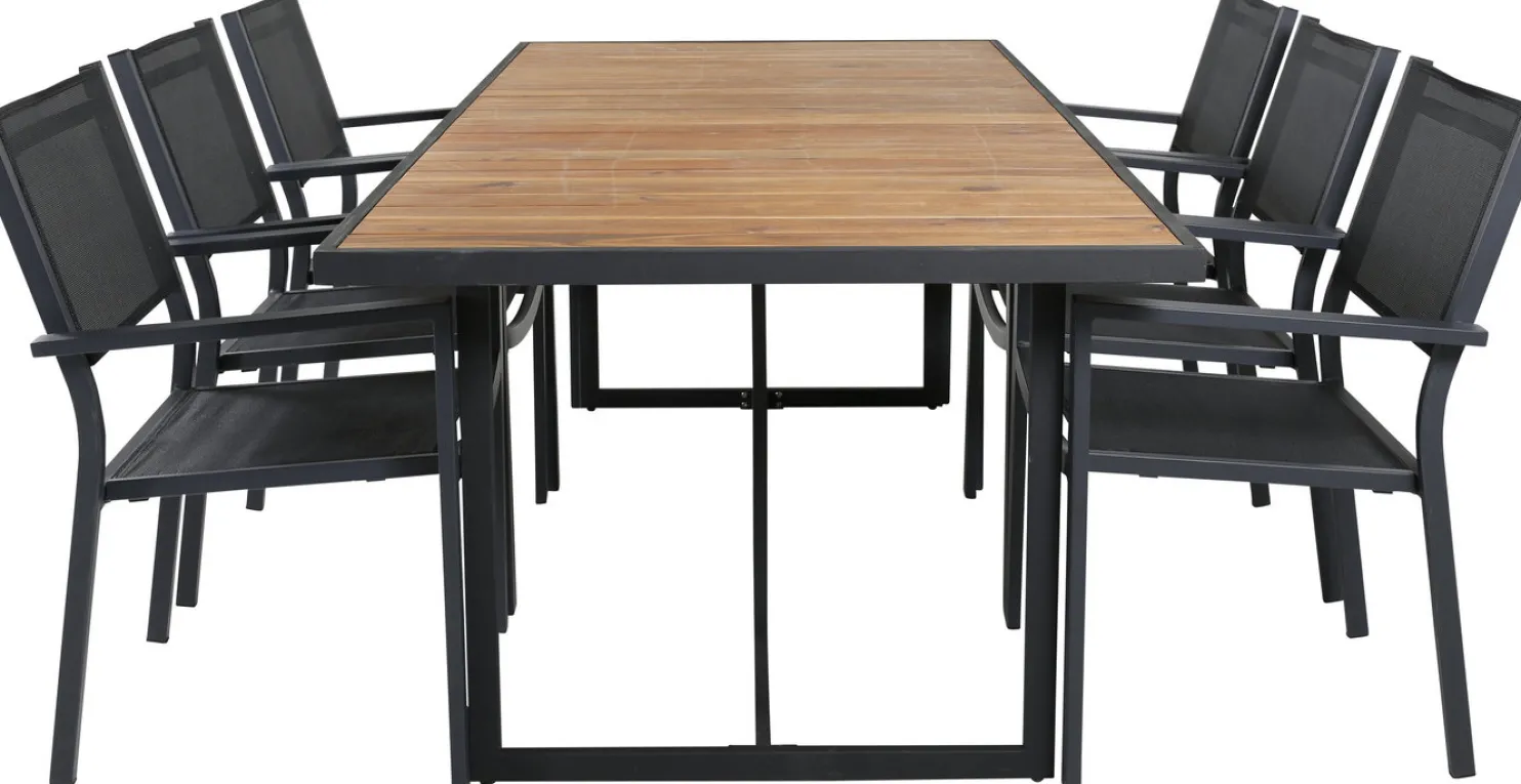 Ruokailuryhmä ulos Venture Home, 200x100cm ruskea Khung-pöytä + 6 mustaa Copacabana-tuolia