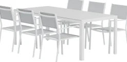 Ruokailuryhmä ulos Venture Home, valkoinen Break-pöytä 205x90cm + 6 harmaata Copacabana-tuolia