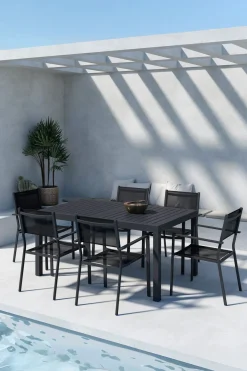 Ruokailuryhmä Venture Home, jatkettava Capo-pöytä + 6 mustaa, pinottavaa Copacabana-tuolia