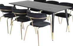 Ruokailuryhmä Venture Home, 180x90cm musta/messinki Dipp-pöytä + 6 musta/messinki Arrow-tuolia