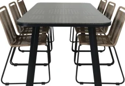 Ruokailuryhmä Venture Home, 200x100cm ruskea/musta Paola-pöytä + 6 pinottavaa Lindos-tuolia