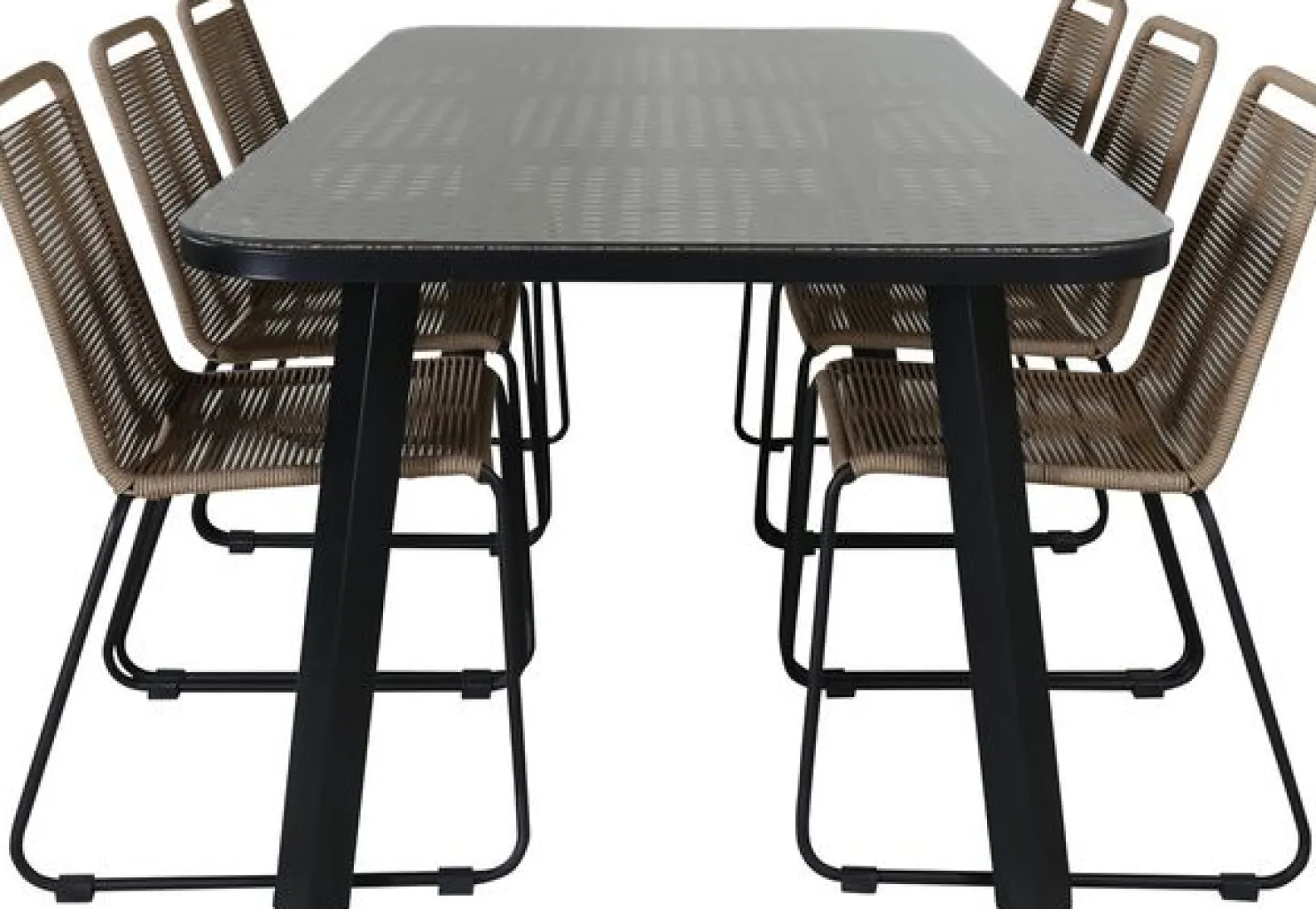 Ruokailuryhmä Venture Home, 200x100cm ruskea/musta Paola-pöytä + 6 pinottavaa Lindos-tuolia