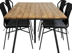 Ruokailuryhmä Venture Home, 200x100cm akaasia/musta Chan-pöytä + 4 mustaa, pinottavaa Julian-tuolia
