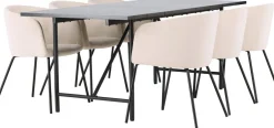 Ruokailuryhmä Venture Home, 200x90cm musta Astrid-pöytä + 6 beigeä Berit-tuolia, sametti