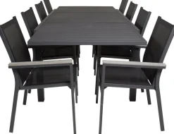 Ruokailuryhmä Venture Home,160/240x100cm jatkettava musta Marbella-pöytä + 8 mustaa, pinottavaa Parma-tuolia