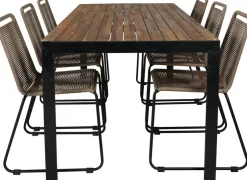 Ruokailuryhmä Venture Home, 205x90cm akaasia/musta Bois-pöytä + 6 pinottavaa Lindos-tuolia