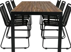 Ruokailuryhmä Venture Home, 205x90cm akaasia/musta Bois-pöytä + 6 pinottavaa Lindos-tuolia