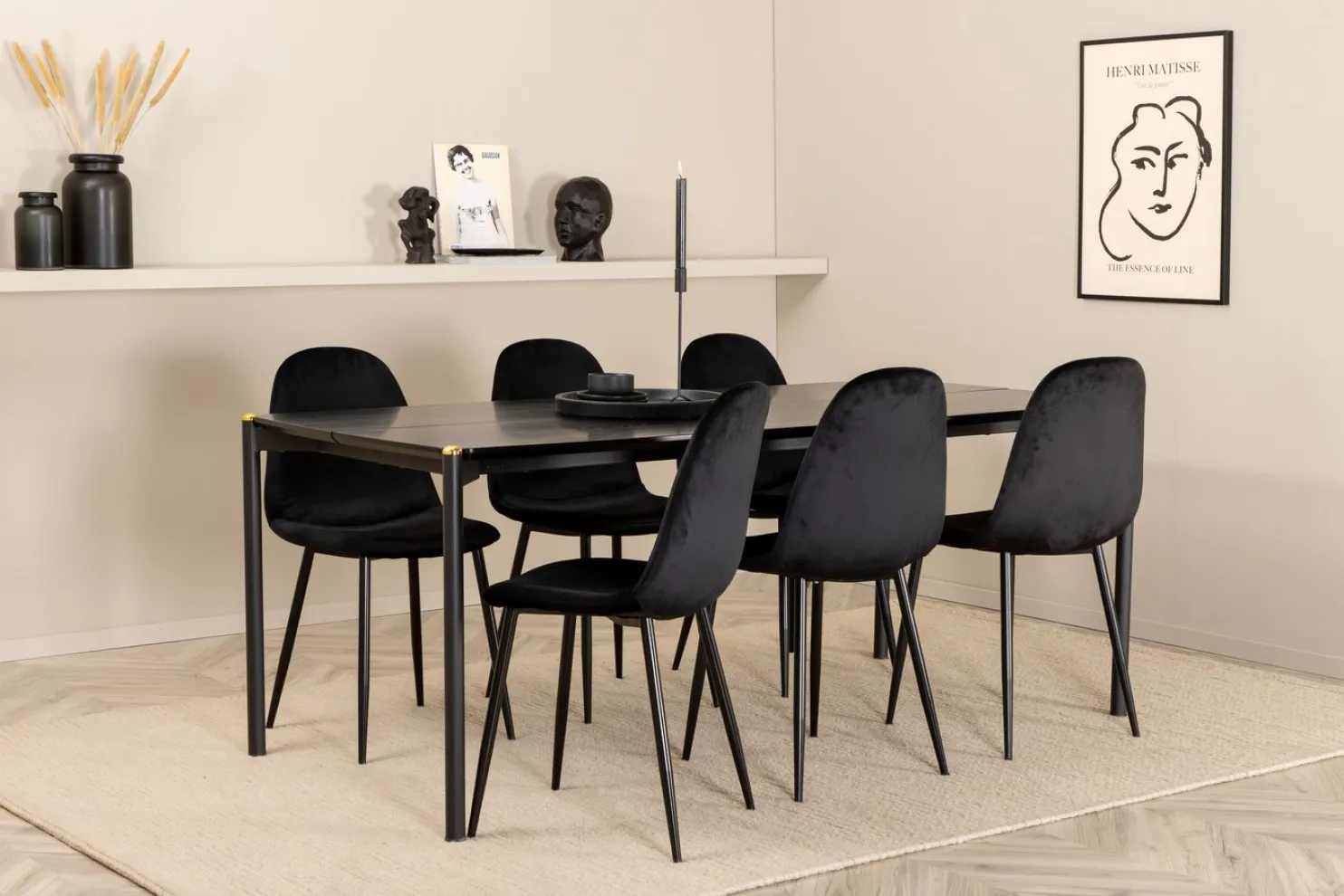 Ruokailuryhmä Venture Home, 190x90cm musta Pelle-pöytä + 6 mustaa Polar-tuolia, sametti