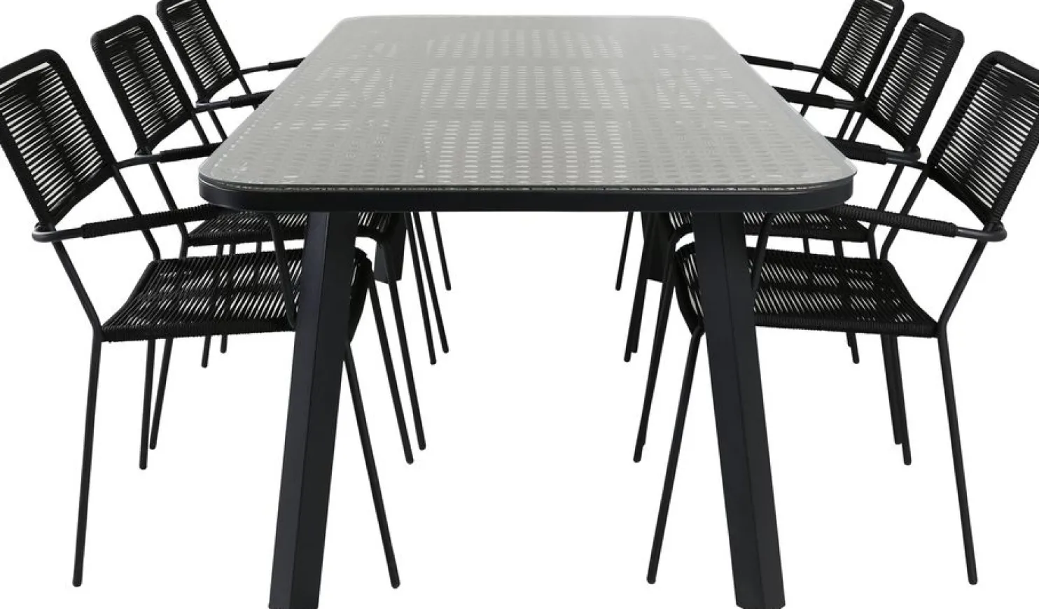 Ruokailuryhmä Venture Home, 200x100cm ruskea/musta Paola-pöytä + 6 mustaa Lindos-tuolia, käsinojilla