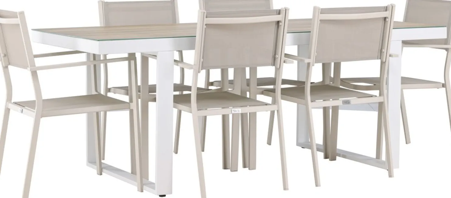 Ruokailuryhmä Venture Home, 200x90cm, beige/valkoinen Merlo-pöytä + 6 pinottavaa Copacabana-tuolia