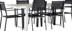 Ruokailuryhmä Venture Home, 200x90cm, beige/valkoinen Merlo-pöytä + 6 pinottavaa Copacabana-tuolia