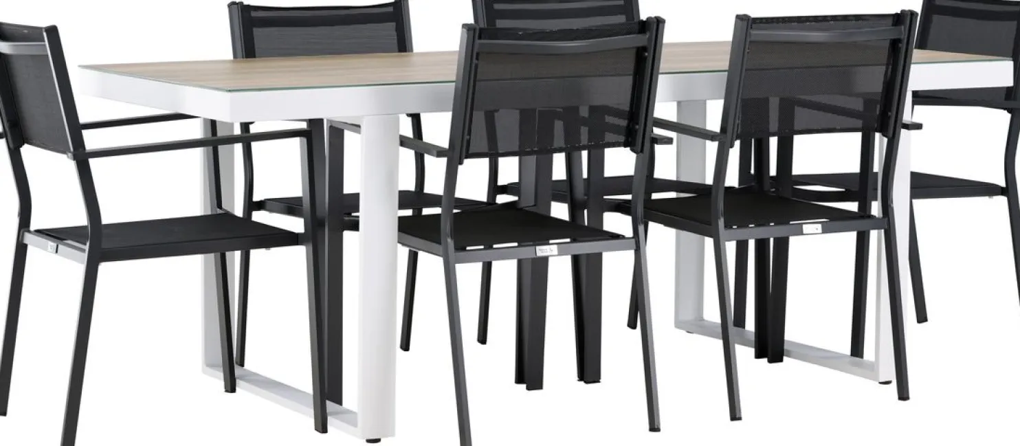 Ruokailuryhmä Venture Home, 200x90cm, beige/valkoinen Merlo-pöytä + 6 pinottavaa Copacabana-tuolia