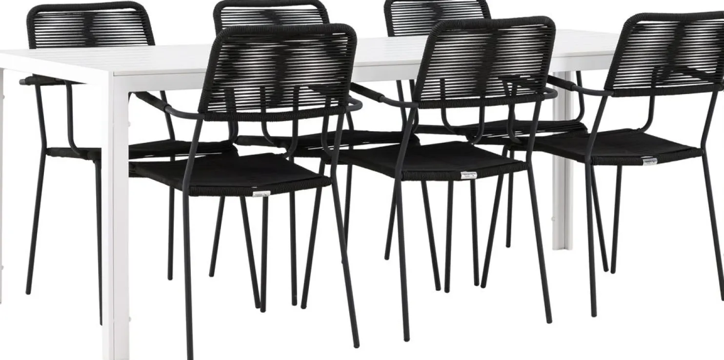Ruokailuryhmä Venture Home, 205x90cm Break-pöytä + 6 Lindos-tuolia, käsinojilla
