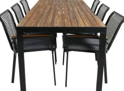 Ruokailuryhmä Venture Home, 205x90cm akaasia/musta Bois-pöytä + 6 Dallas-tuolia