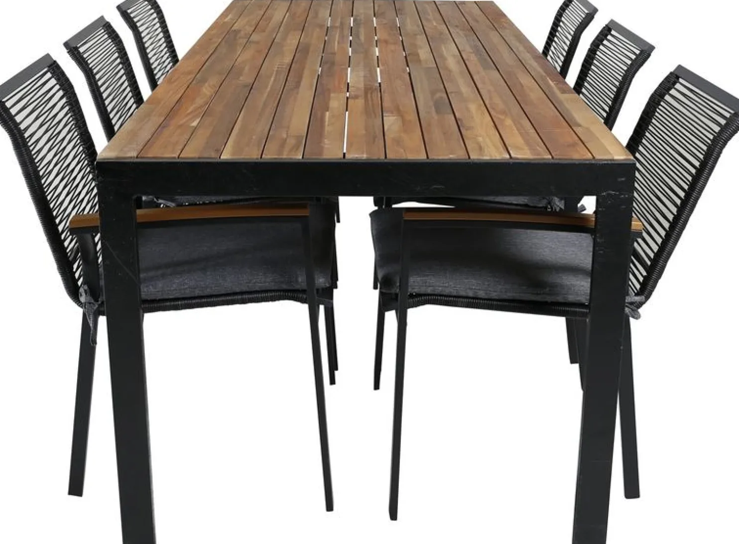 Ruokailuryhmä Venture Home, 205x90cm akaasia/musta Bois-pöytä + 6 Dallas-tuolia