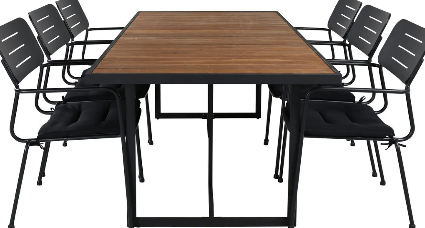 Ruokailuryhmä Venture Home, 200x100cm ruskea/musta Khung-pöytä + 6 mustaa Nicke-tuolia