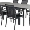 Ruokailuryhmä Venture Home, 160/240x90cm jatkettava harmaa/musta Levels-pöytä + 8 mustaa, pinottavaa Parma-tuolia