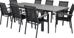 Ruokailuryhmä Venture Home, 160/240x90cm jatkettava harmaa/musta Levels-pöytä + 8 mustaa, pinottavaa Parma-tuolia