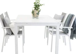 Ruokailuryhmä Venture Home,160/240x100cm jatkettava valkoinen Marbella-pöytä + 4 harmaa/valkoista, pinottavaa Copacabana-tuolia
