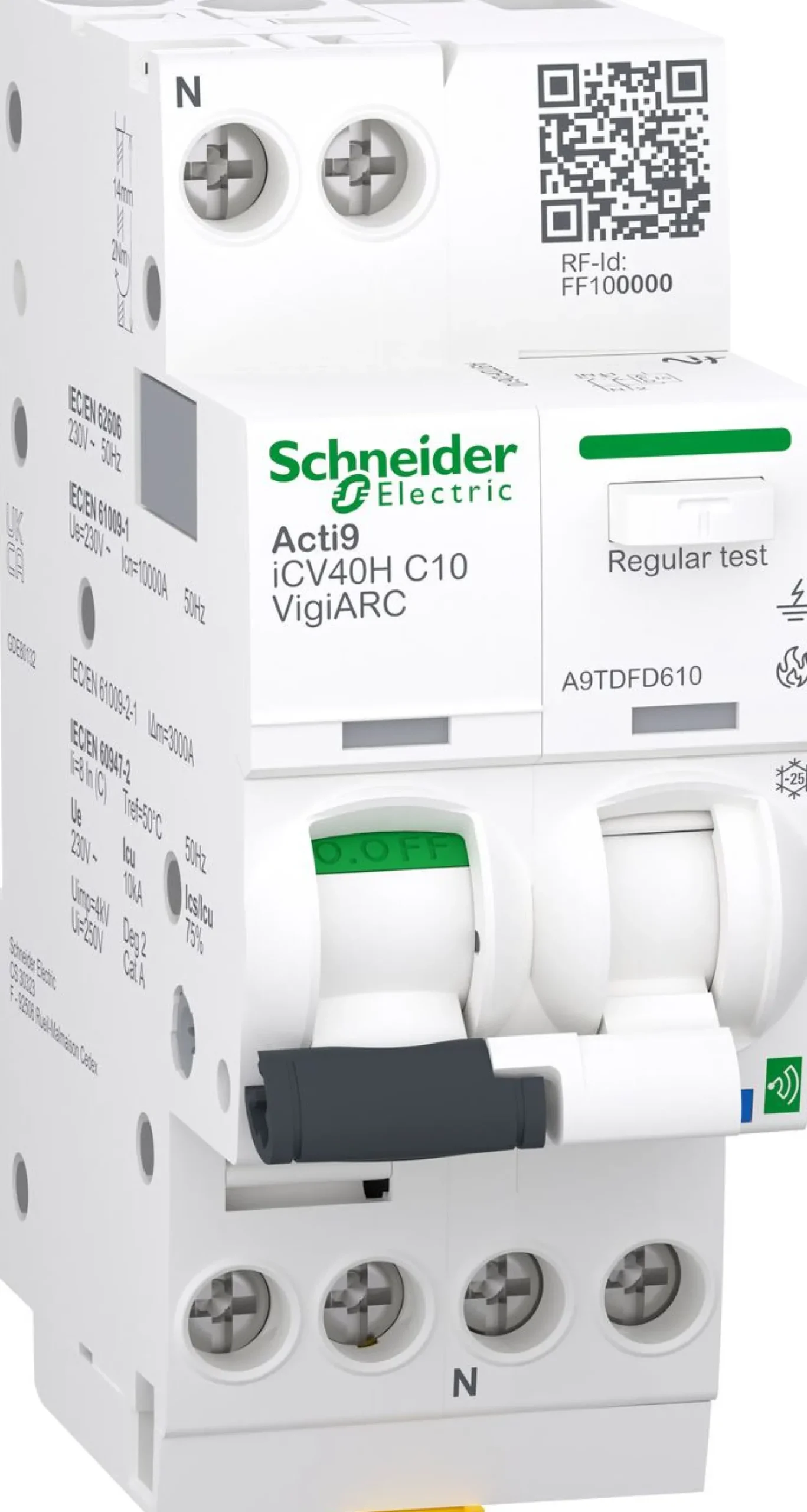 Schneider Electric valokaarivikavirtasuojakatkaisija Acti9 iCV40N VigiARC, 1P+N 10A C 30mA A-SI 10kA