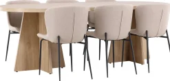 Soikea ruokailuryhmä Venture Home, 230x115cm ruskea Bootcut-pöytä + 6 beigeä Modesto-tuolia, bouclé