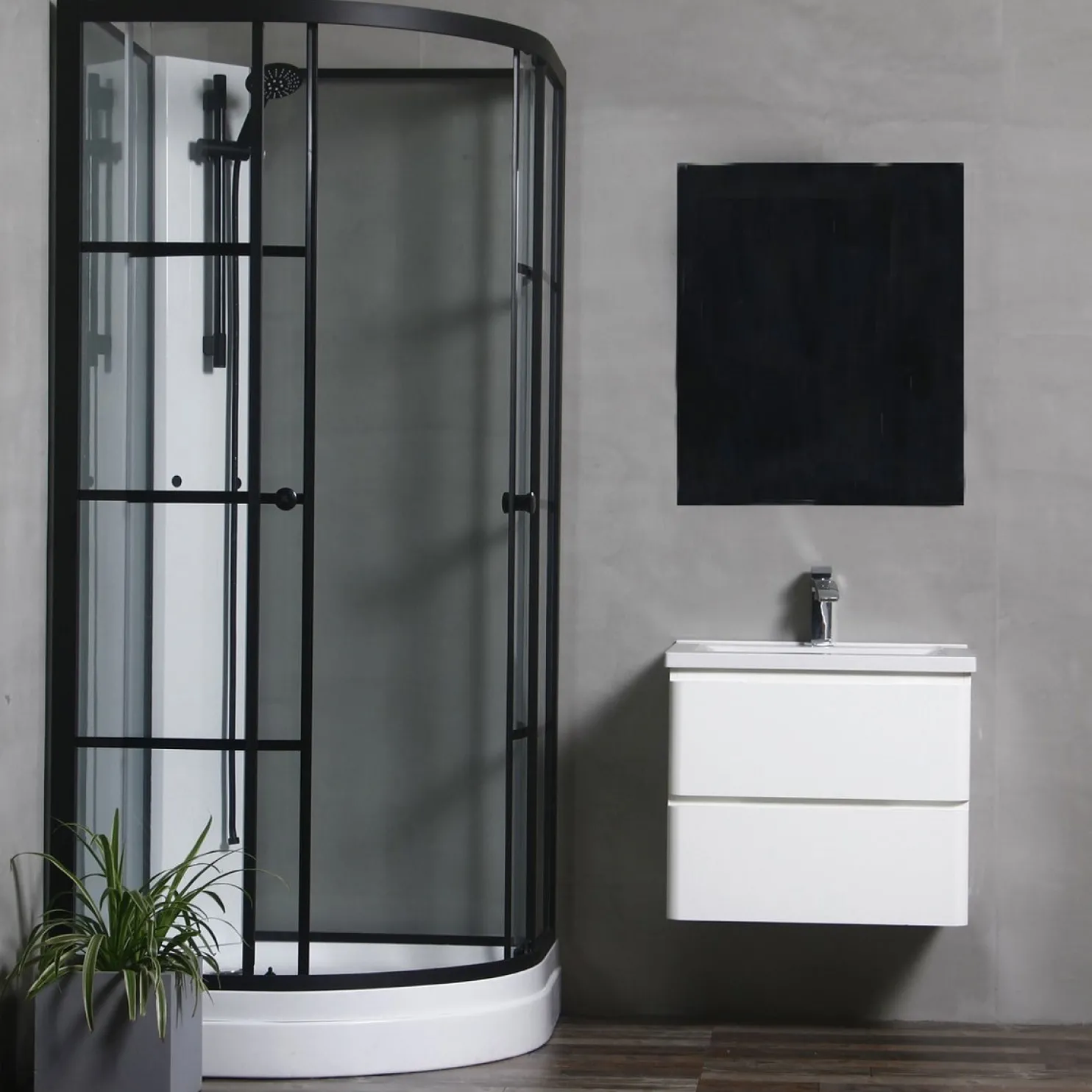 Suihkukaappi Bathlife Betrakta 900x900 mm pyöreä musta kehys valkoinen suihkuseinä